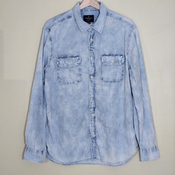 American Eagle Shirt Mens L Blue Collared Button Up LS Denim Faded Hippie Grunge - Picture 15 of 16